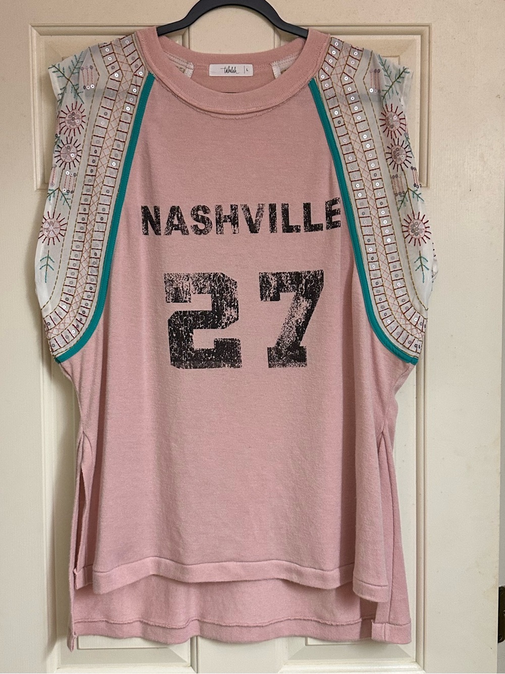 Talula Pink Sleeveless 'Nashville 27' Graphic Tank with Embellished Shoulders